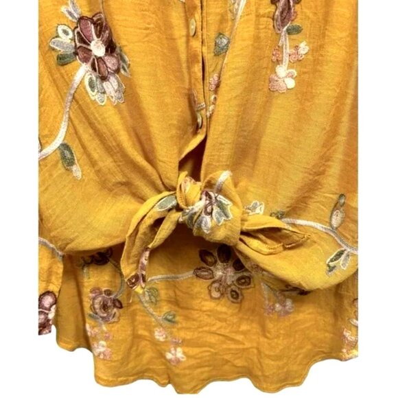 Anthropologie Figuera Flower Gold Floral Embroidered Roll Tab Top Shirt Blouse S - Picture 8 of 10